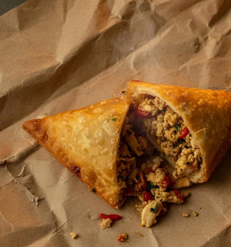 Spicy chicken samosa opened to a minced chicken filling with chilli.