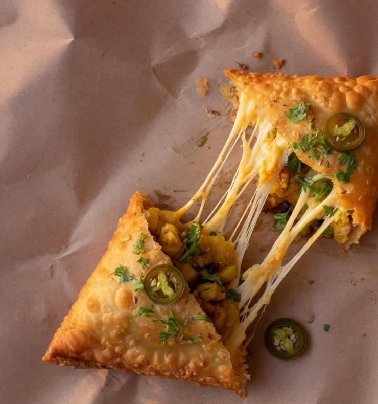 Samosa with a long cheese pull and sliced jalapeños.