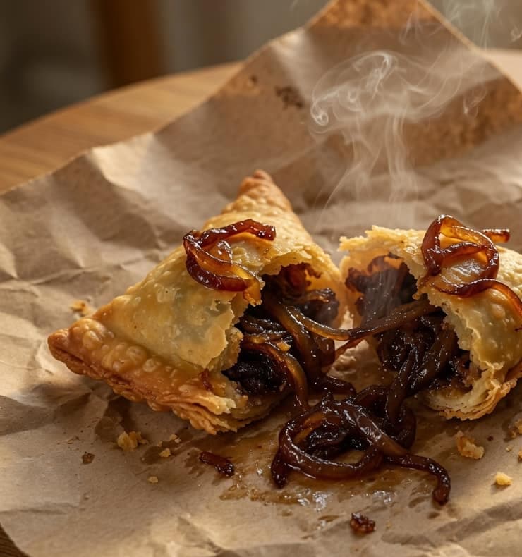 Samosa opened to show dark caramelised onion filling.