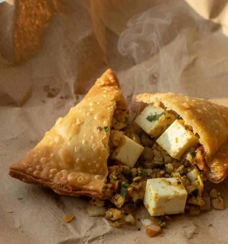 Paneer samosa broken open with cubes of paneer in the filling.