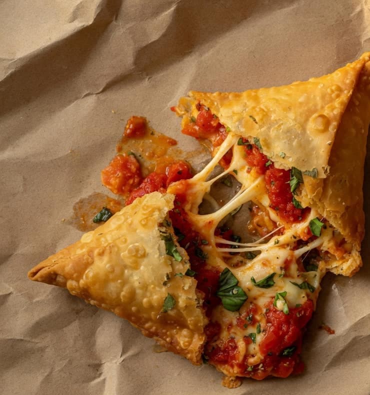 Samosa pulled apart with tomato sauce, herbs, and melted cheese.