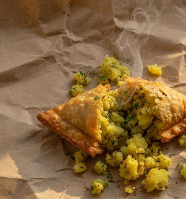Masala potato samosa split open, spiced potato on kraft paper.